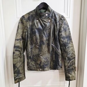 BKE Olive Green And Black Camouflage Leather Jacket Size S